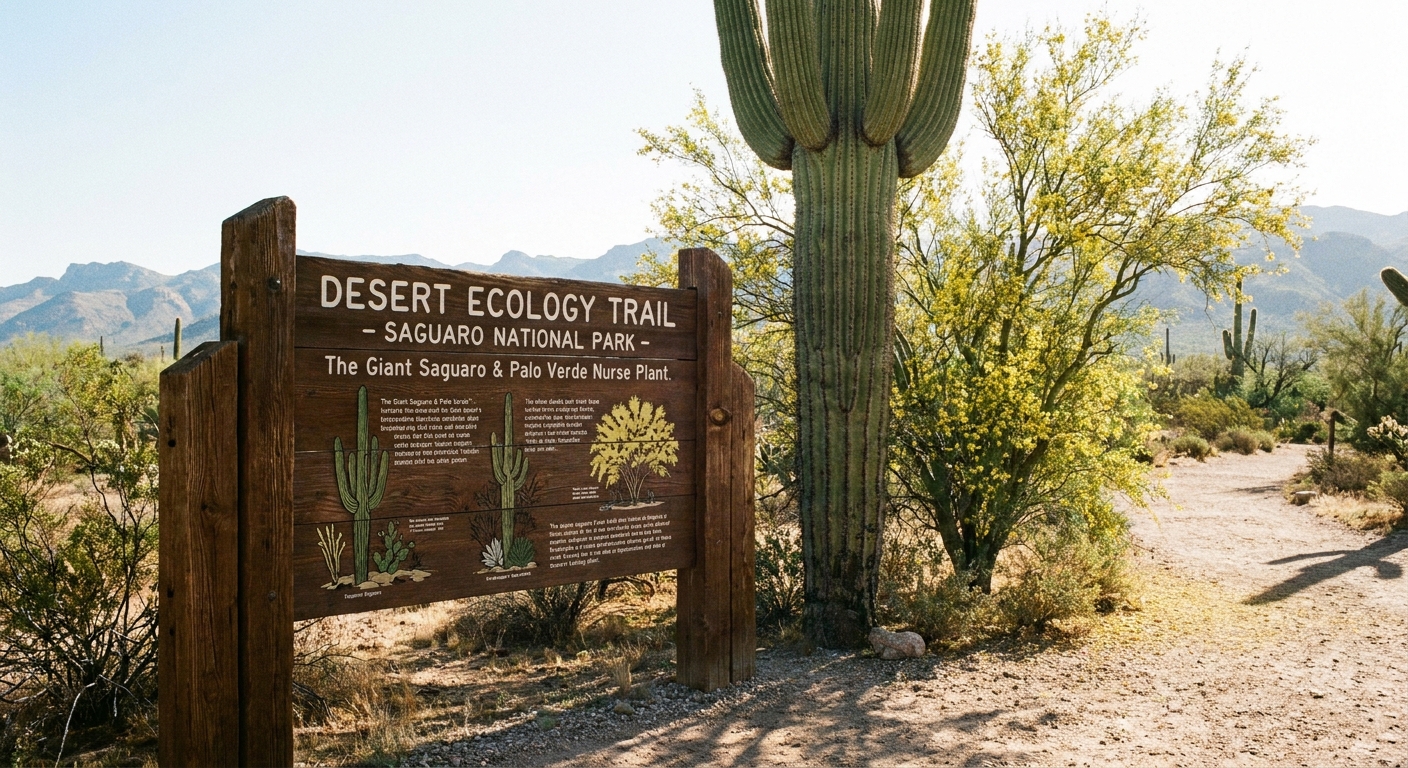 A wooden interpretive sign along the Desert Ecology Trail in Saguaro National Park with a saguaro and palo verde nearby, bright morning light, realistic travel photography