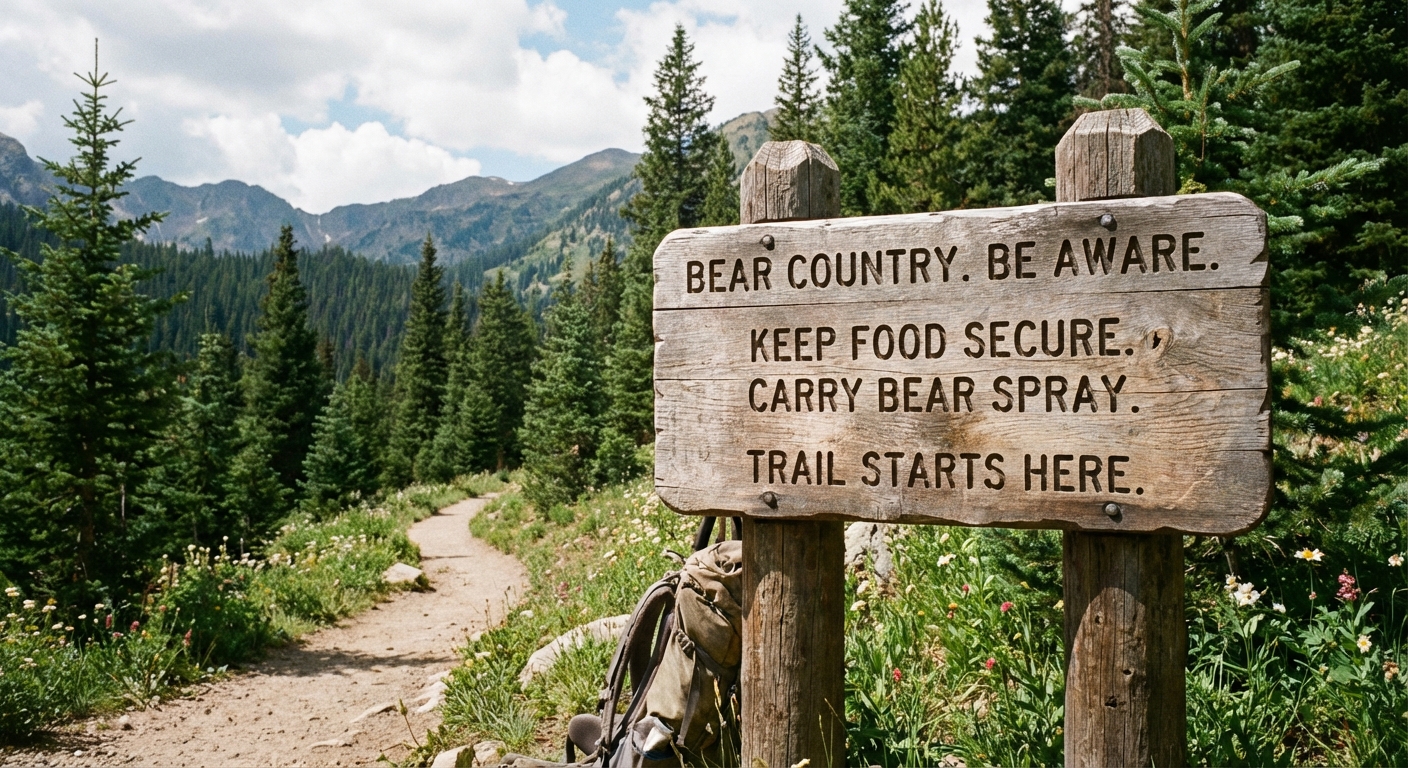 A wooden trailhead sign warning hikers they are entering bear country, with a forested mountain trail starting behind it, natural light photo