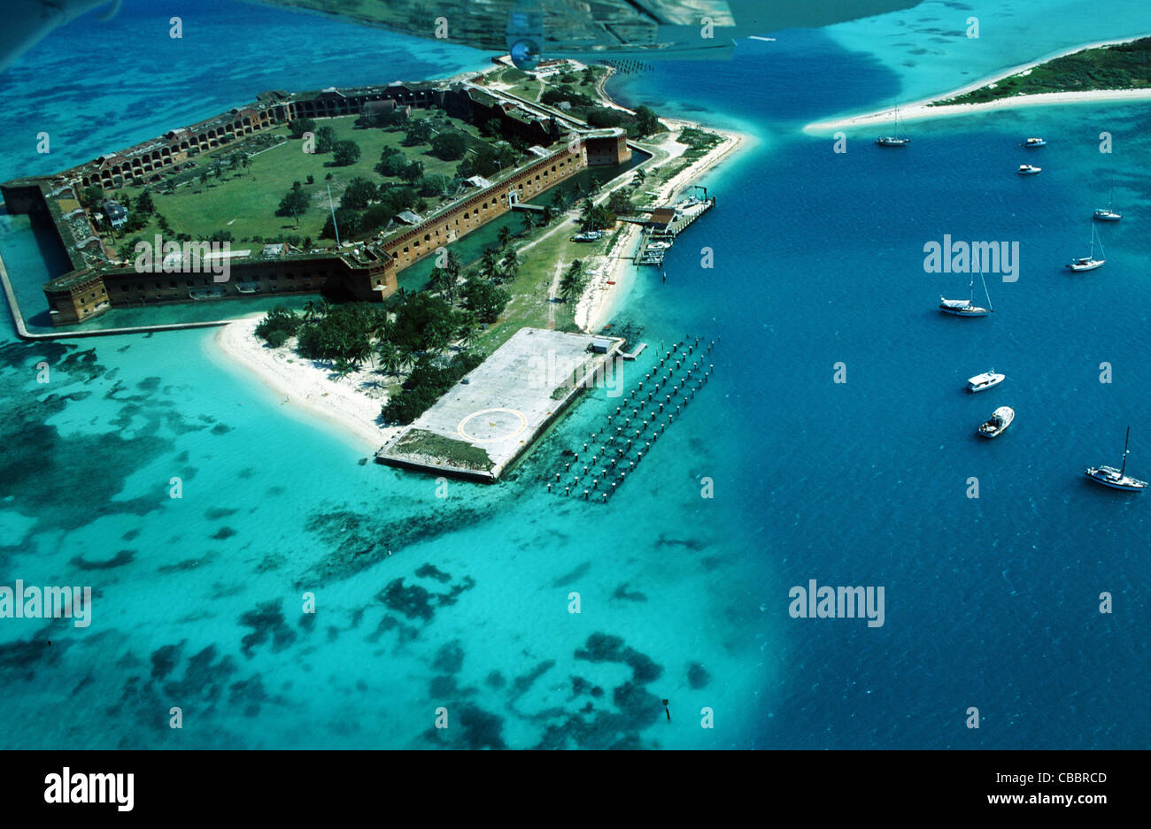 Aerial view of Fort Jefferson surrounded by turquoise water at Dry Tortugas National Park