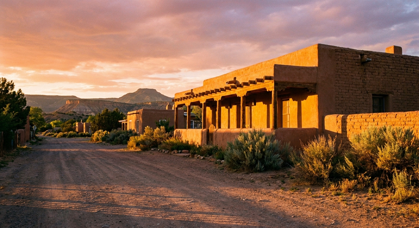 An adobe building in Abiquiu, New Mexico glowing in warm evening sunlight, with a quiet street in the foreground