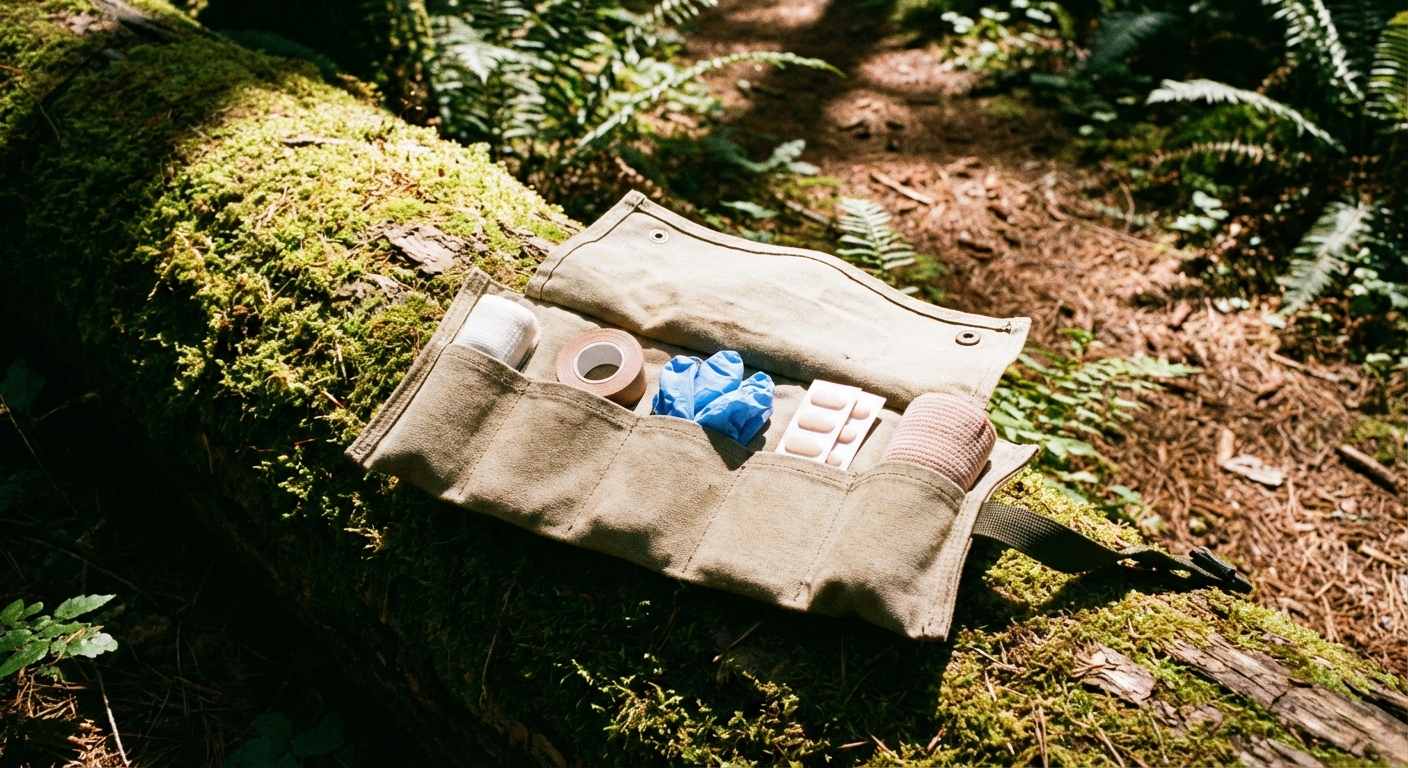 An open minimalist hiking first aid kit on a sunlit log showing gauze, tape, gloves, blister tape, and an elastic bandage, realistic outdoor photograph