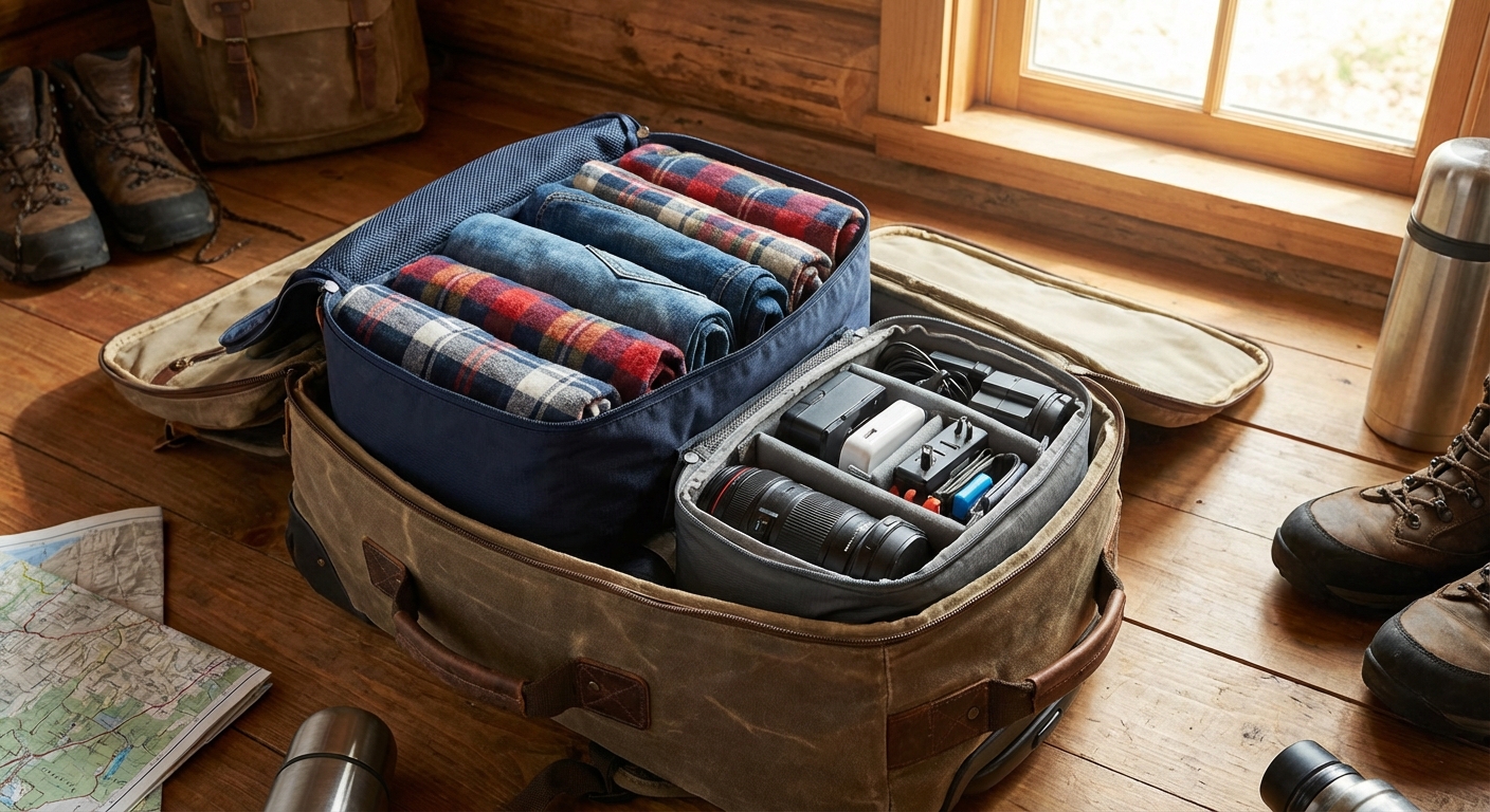 An open travel backpack on a cabin floor with packing cubes arranged tightly inside, showing a clean layout with one cube for clothes and another for gear