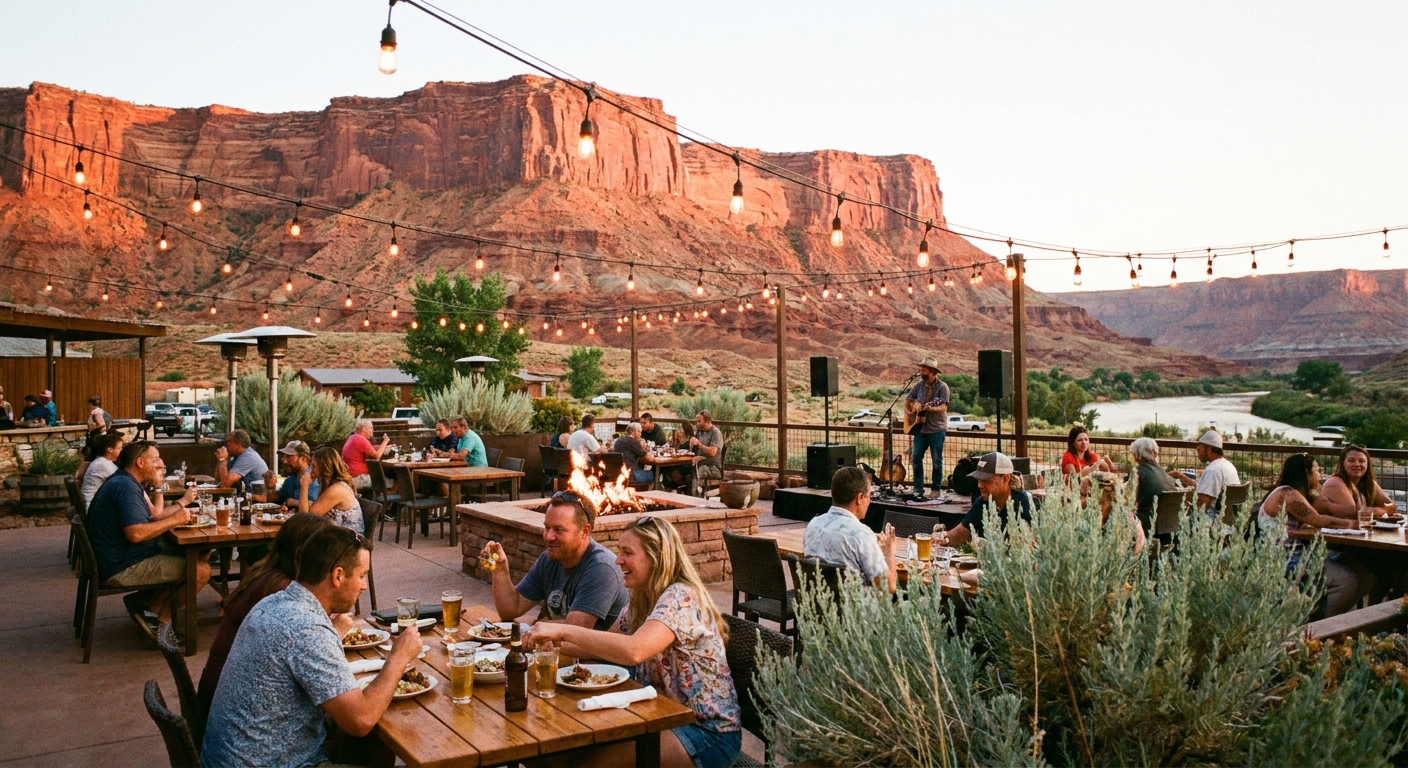 An outdoor restaurant patio in Moab on a warm evening, with diners, string lights, and red rock cliffs in the background
