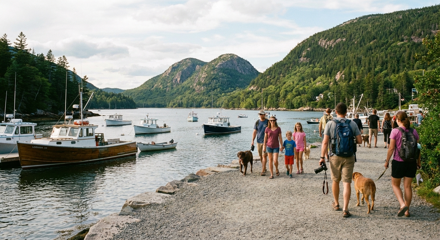 Bar Harbor waterfront with fishing boats in the harbor, families walking along the shore path, and pine-covered hills in the background, photorealistic travel photography