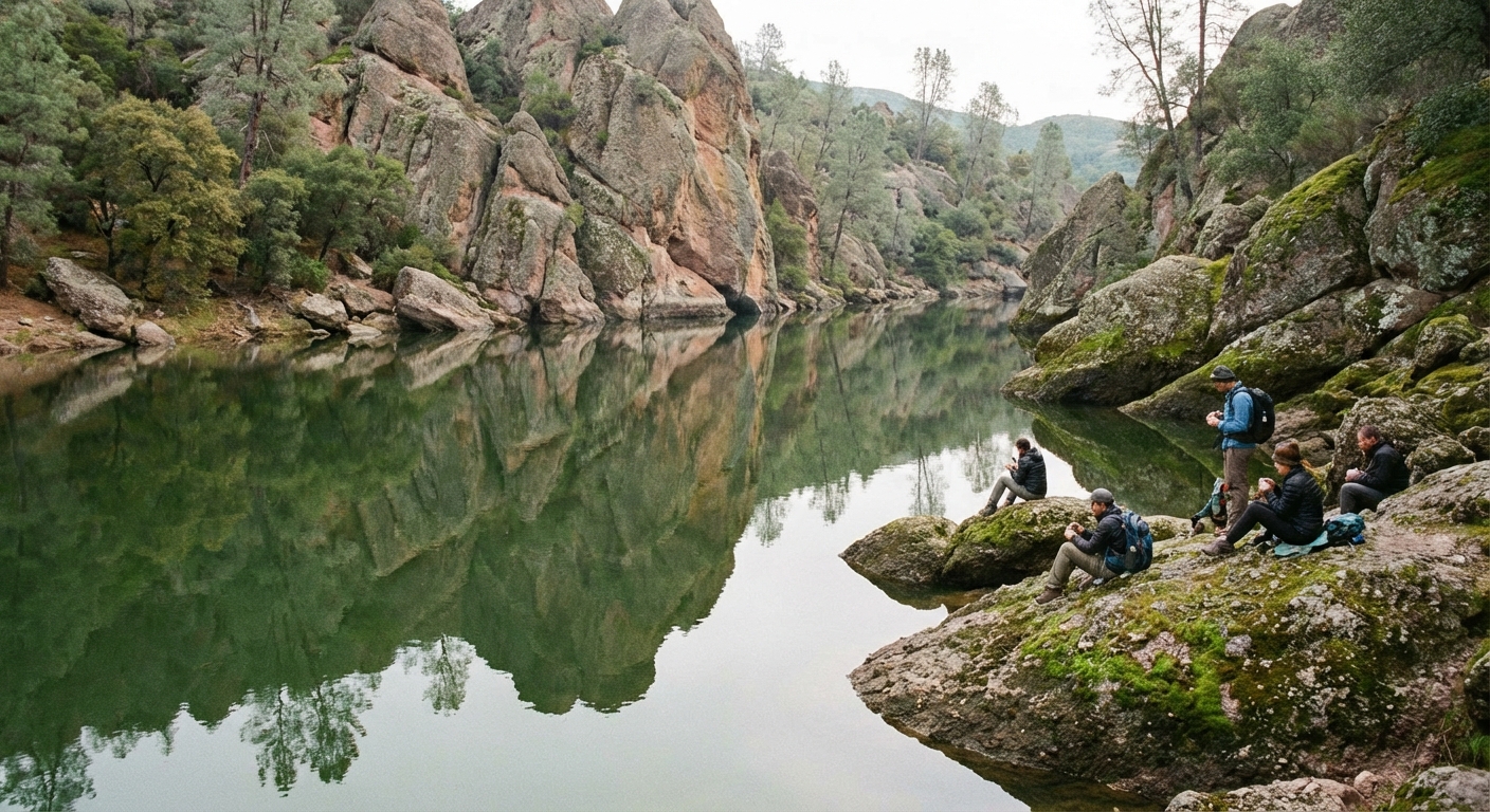 Bear Gulch Reservoir at Pinnacles National Park on a calm morning with reflections of rocky cliffs in greenish water and hikers resting on shoreline rocks, realistic photography
