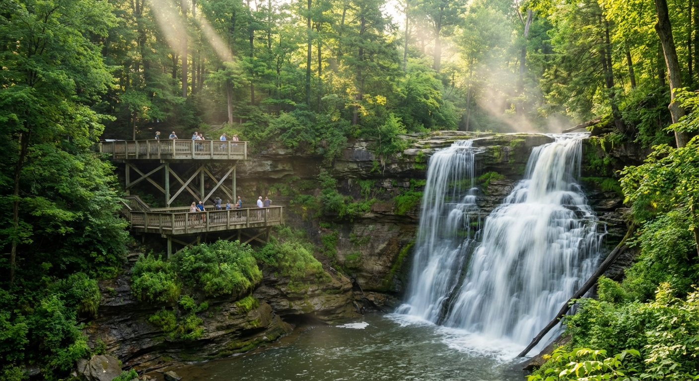 Brandywine Falls cascading over layered rock with a wooden viewing platform and green forest surrounding the waterfall at Cuyahoga Valley National Park