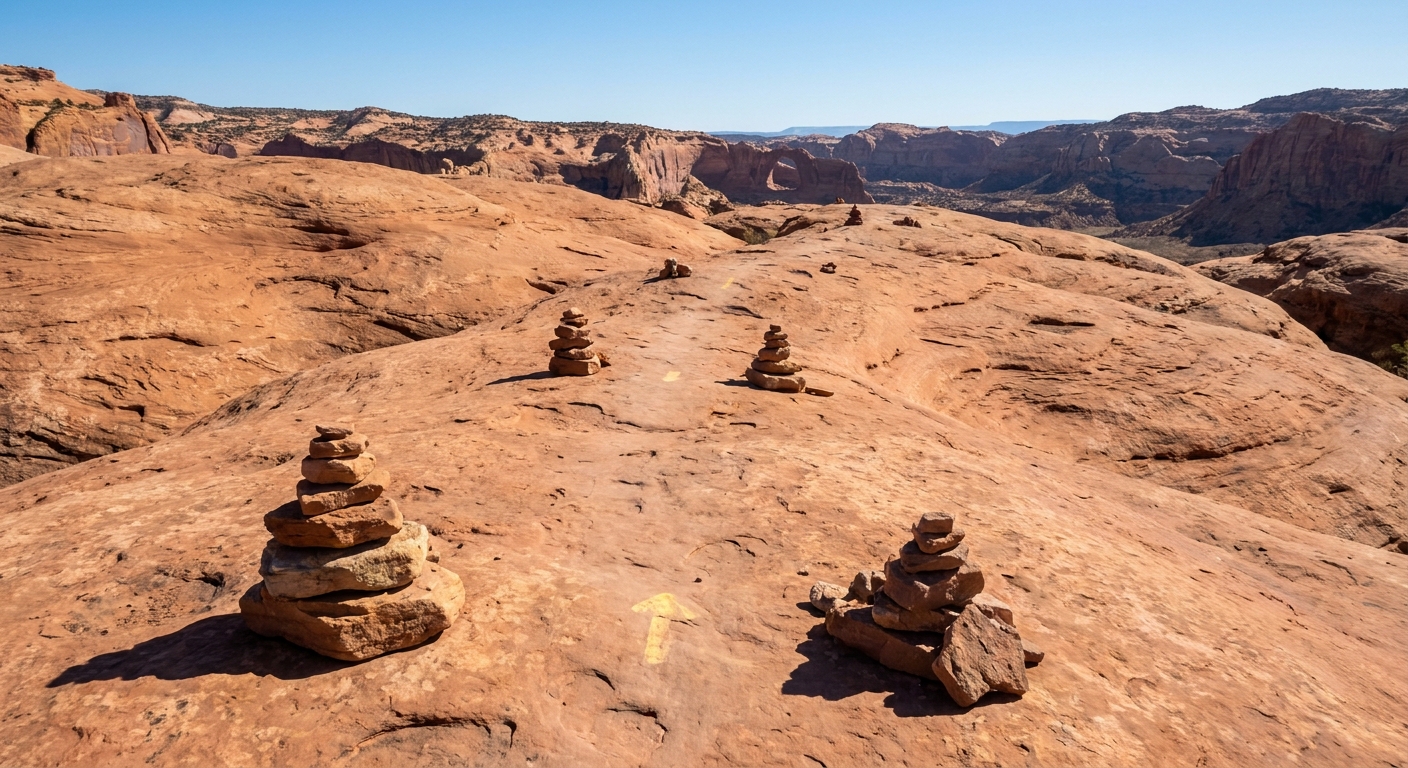 Cairns and painted trail markers leading across smooth sandstone slickrock on the Cassidy Arch Trail in Capitol Reef, midday light