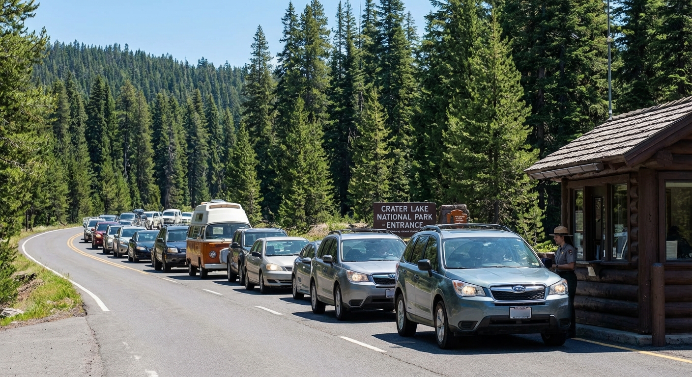 Cars lined up at a national park entrance station with evergreen trees in the background, midday summer light, photorealistic travel documentary style