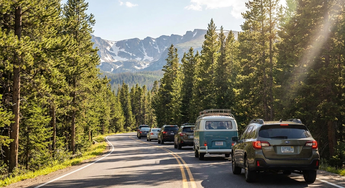 Cars moving slowly along Bear Lake Road in Rocky Mountain National Park on a sunny summer morning, with pine forest on both sides and a distant ridge line