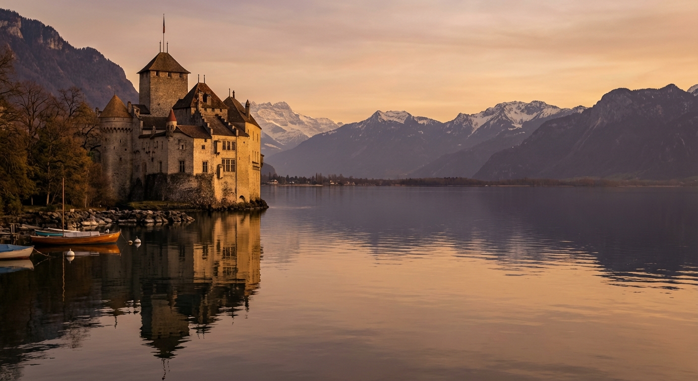 Chillon Castle on the edge of Lake Geneva with calm water in the foreground and mountains behind under soft afternoon light, photorealistic travel photography