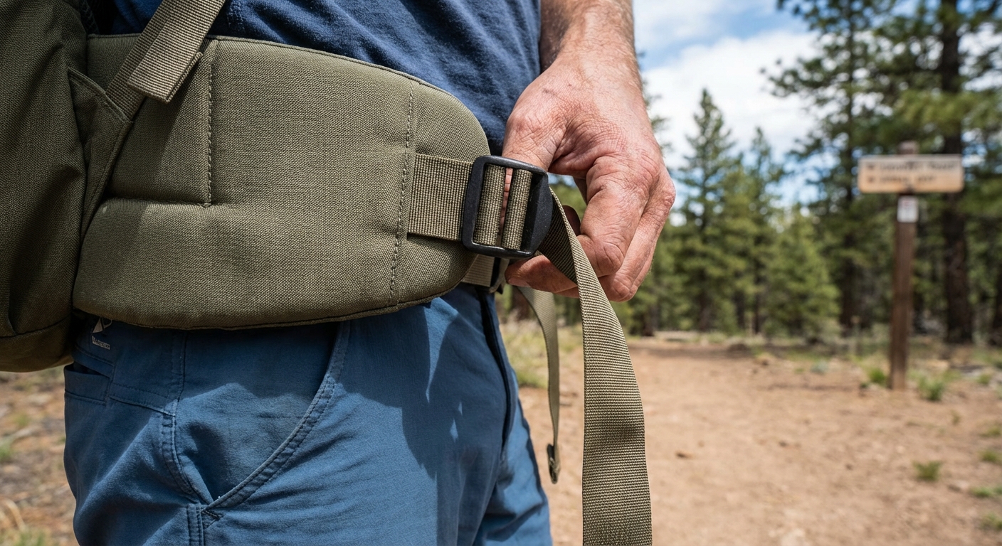 Close-up photo of a traveler tightening a padded backpack hip belt outdoors on a trailhead, showing buckle, webbing, and hip wrap in natural light