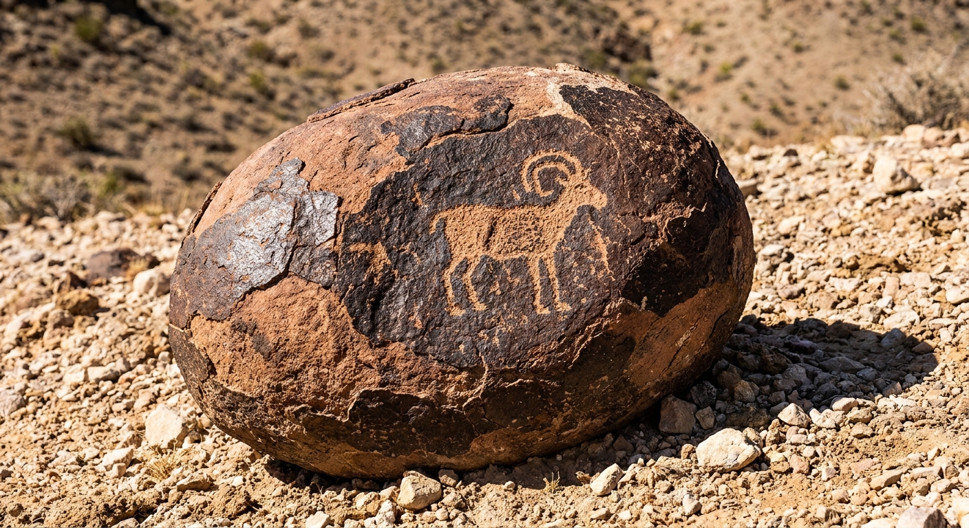 Close view of a petroglyph carved into dark desert varnish on a rounded rock at Signal Hill, with bright desert sunlight and small pebbles at the base, realistic photography