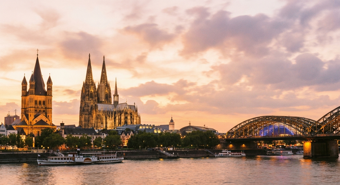Cologne Cathedral in warm evening light with the Rhine River in the foreground and soft clouds above