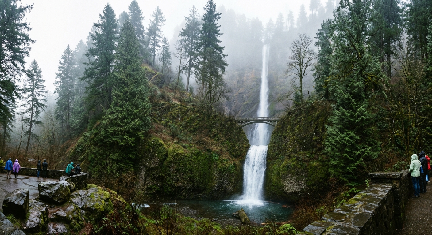Columbia River Gorge waterfall on a misty morning with evergreen trees framing the falls and wet rocks along a viewpoint area