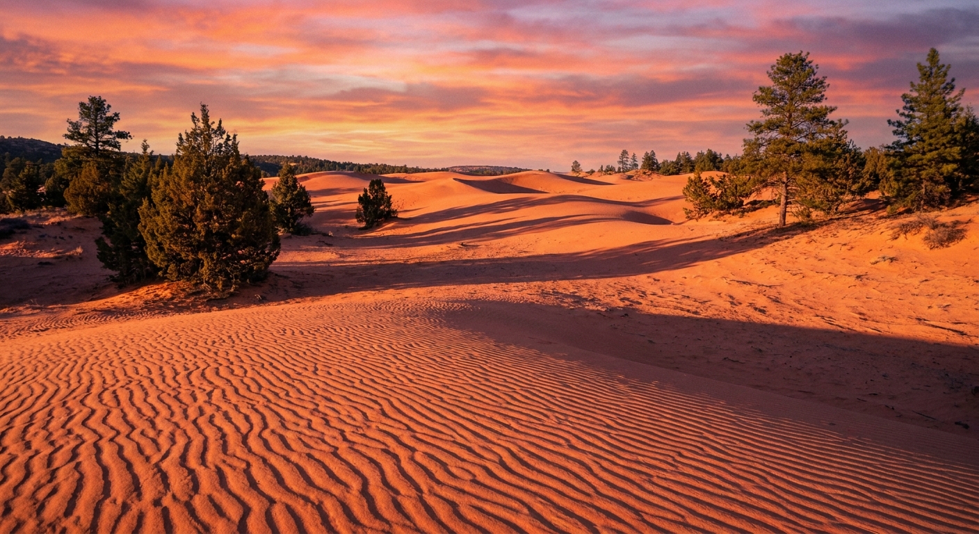 Coral-colored sand dunes at Coral Pink Sand Dunes State Park near Kanab, Utah, with rippled sand in the foreground and warm sunset light casting long shadows across the dunes