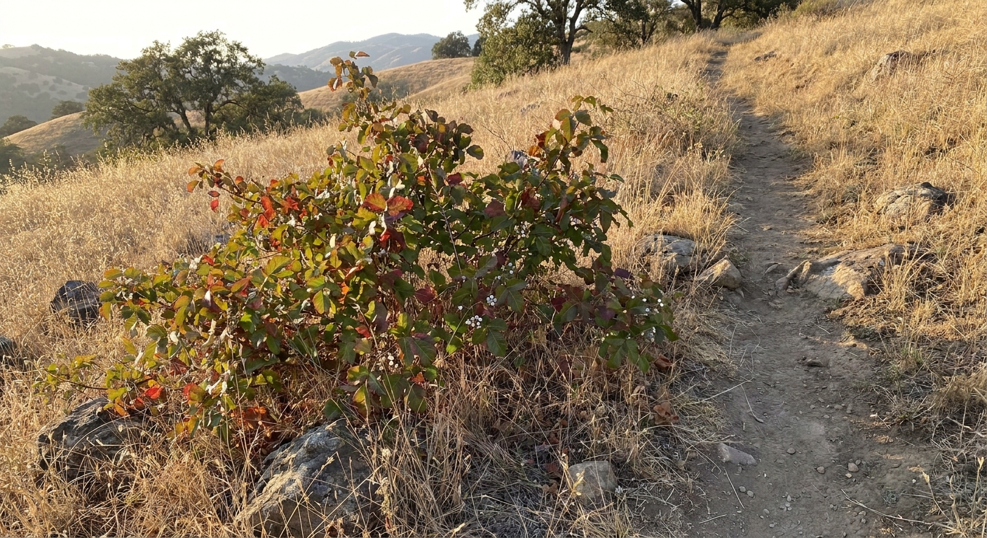 A real photograph of a poison oak shrub growing beside a dusty hiking trail on a sunlit hillside with dry grasses in the background