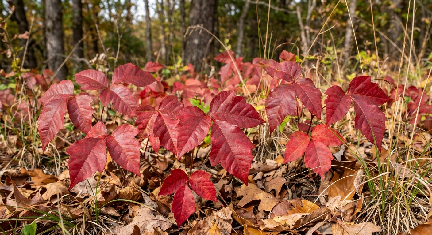 A real photograph of poison ivy with three leaflets showing vivid red fall color growing along a forest edge with brown leaf litter below