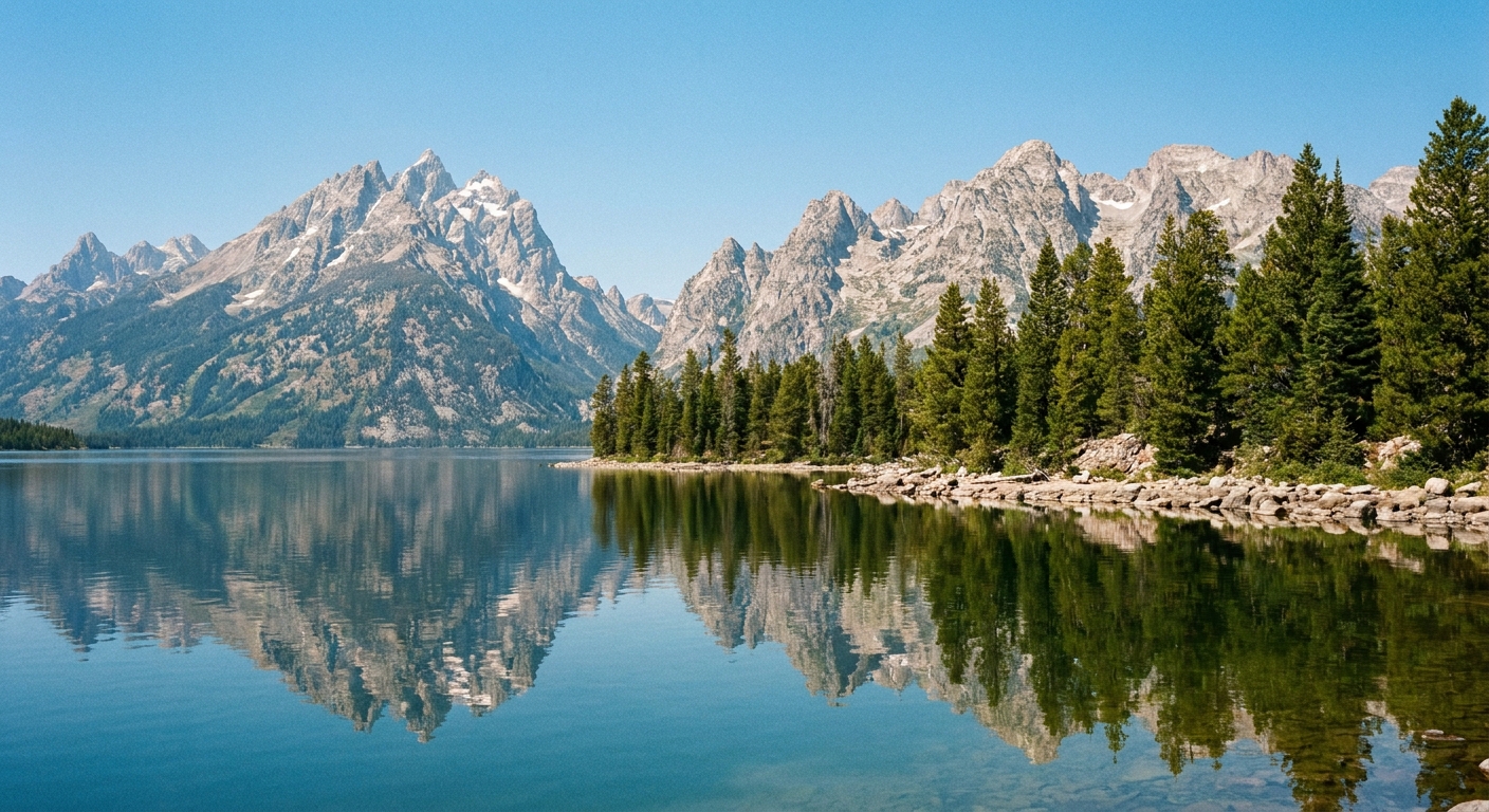 A still view of Taggart Lake with evergreen trees along the shoreline and the Teton Range reflected in the water on a clear day, real photo style