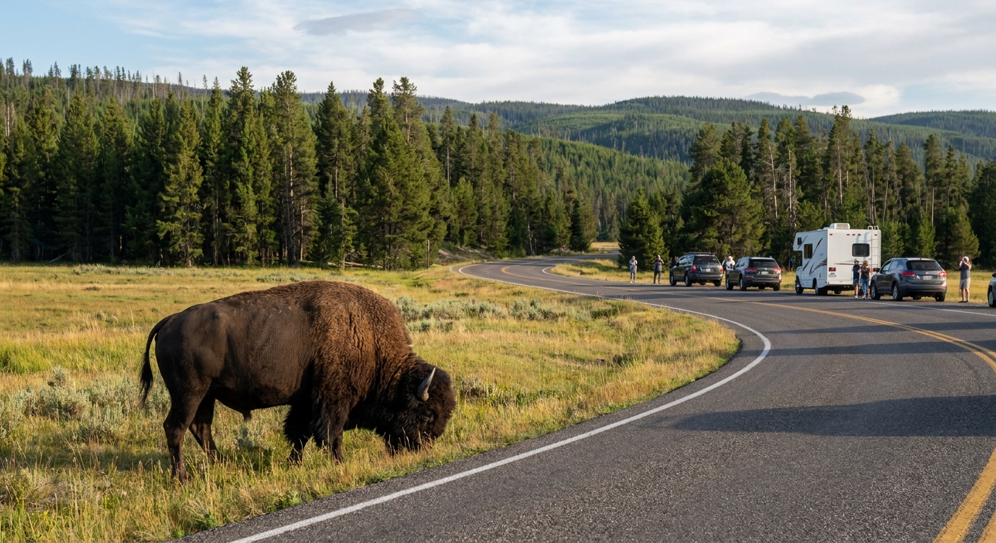 A real photograph of a bison standing near a roadway in Yellowstone National Park with cars stopped at a respectful distance and forest in the background