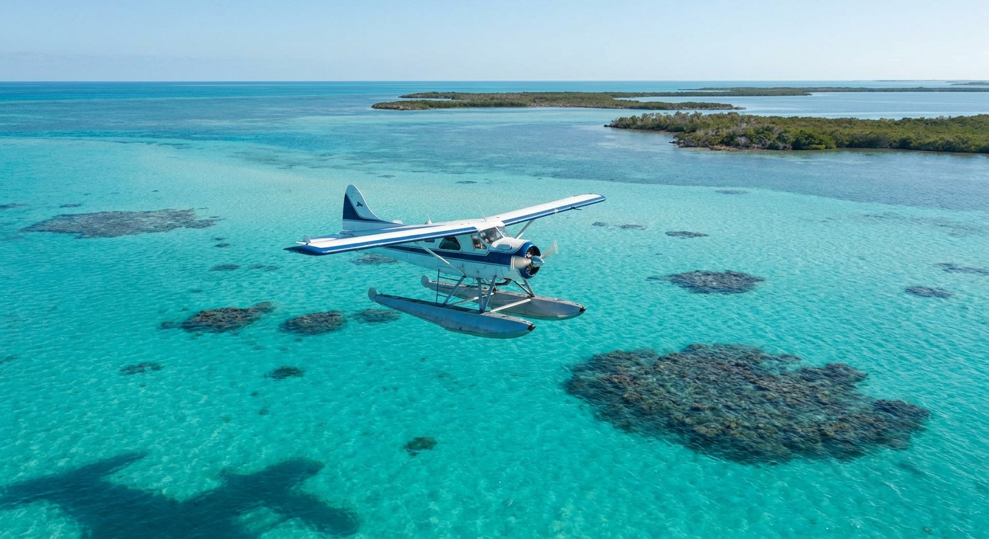 Small seaplane flying over bright turquoise water near the Florida Keys on a clear day