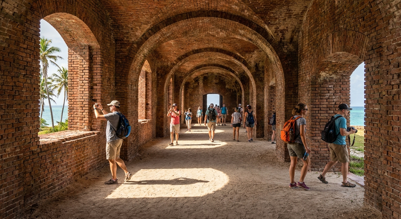 Inside Fort Jefferson with long brick archways and visitors walking through