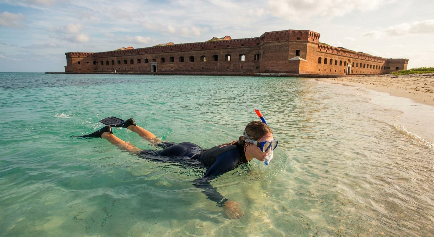Snorkeler in clear shallow water near the shoreline at Dry Tortugas with Fort Jefferson in the background