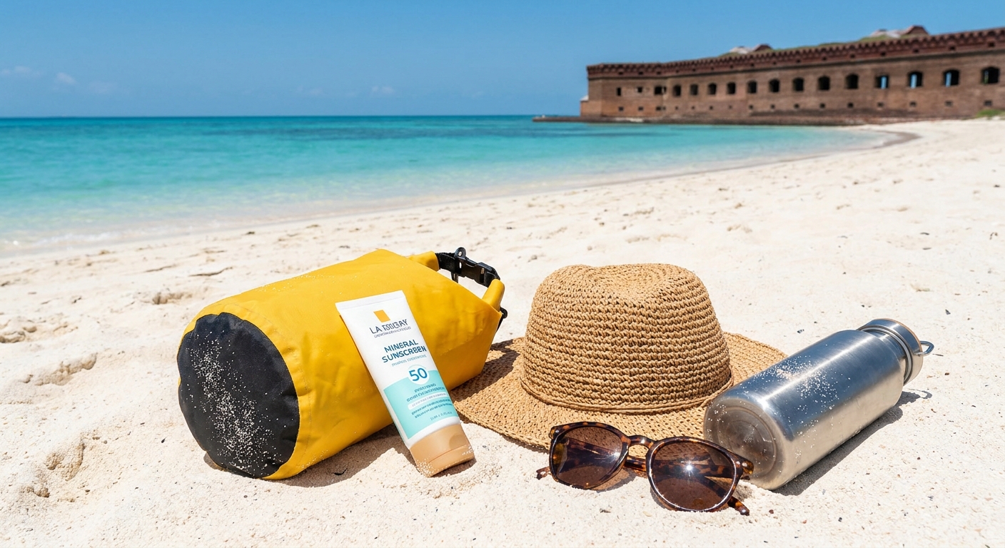 Small dry bag on a sandy beach with sunscreen, a hat, sunglasses, and a reusable water bottle beside it