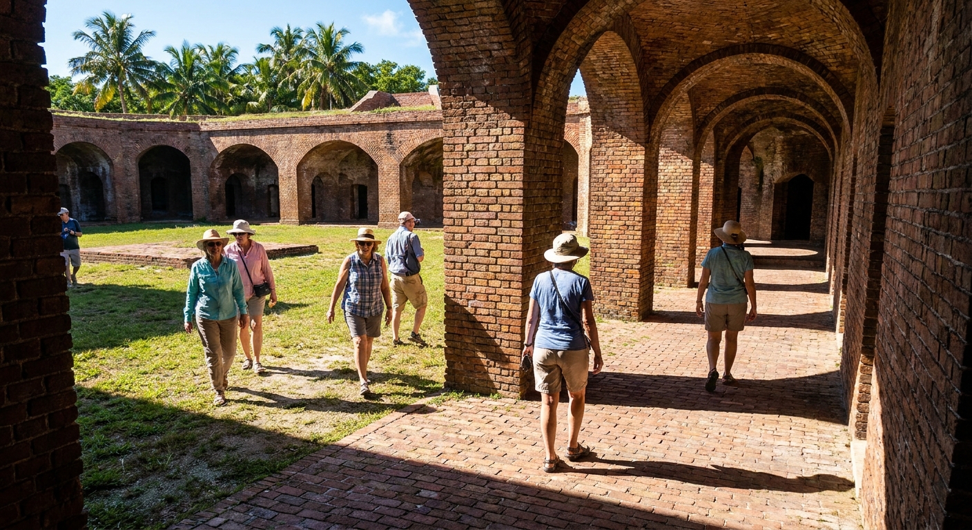 Visitors walking in the sunny courtyard of Fort Jefferson with strong light and shadows on the brick walls