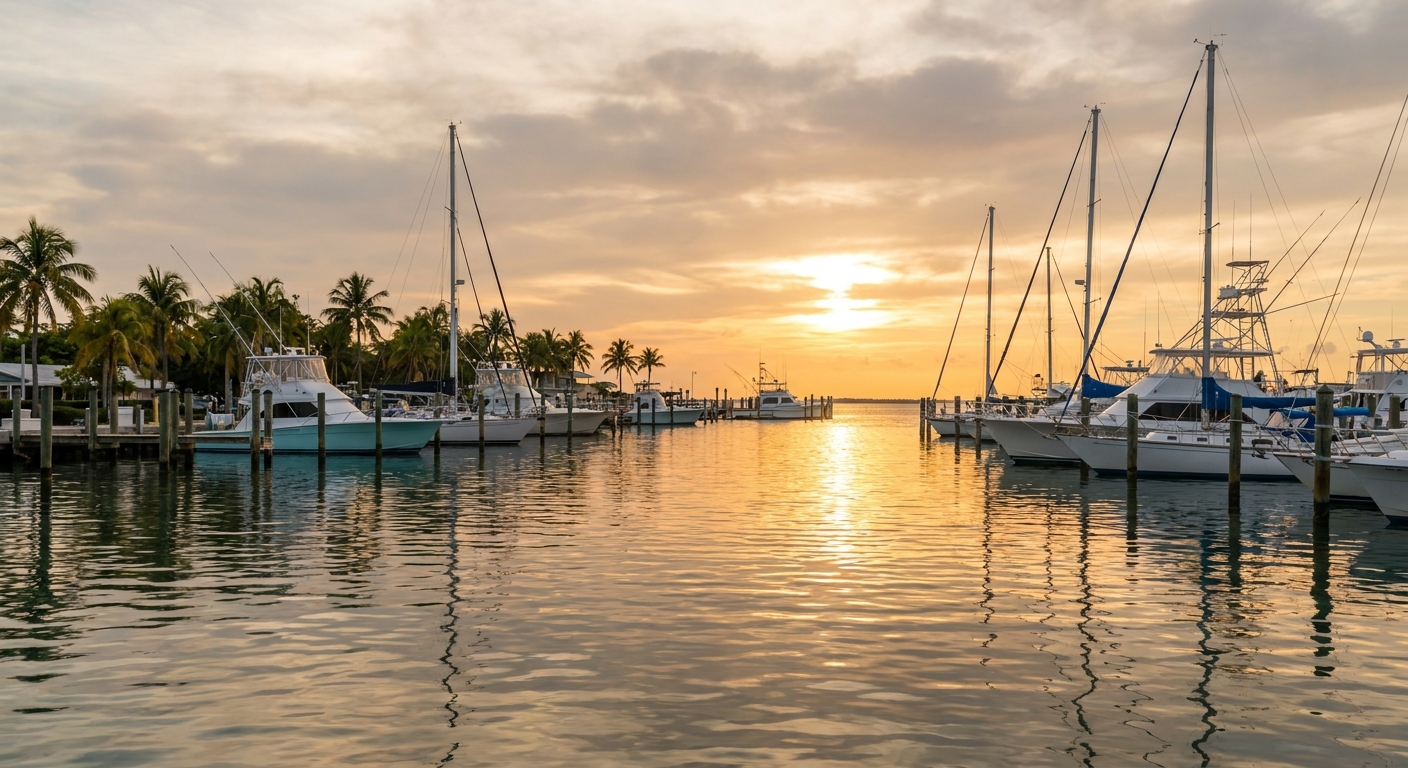 Boats in Key West harbor at sunset with warm light reflecting on the water