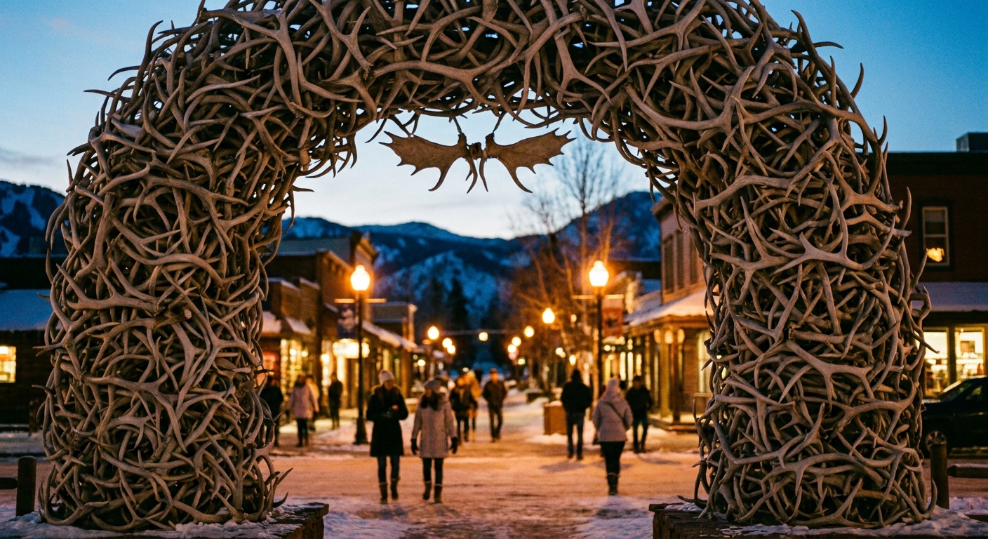 A photo of the Jackson, Wyoming town square at dusk with the elk antler arches and warm streetlights, people walking in the background, travel photo style