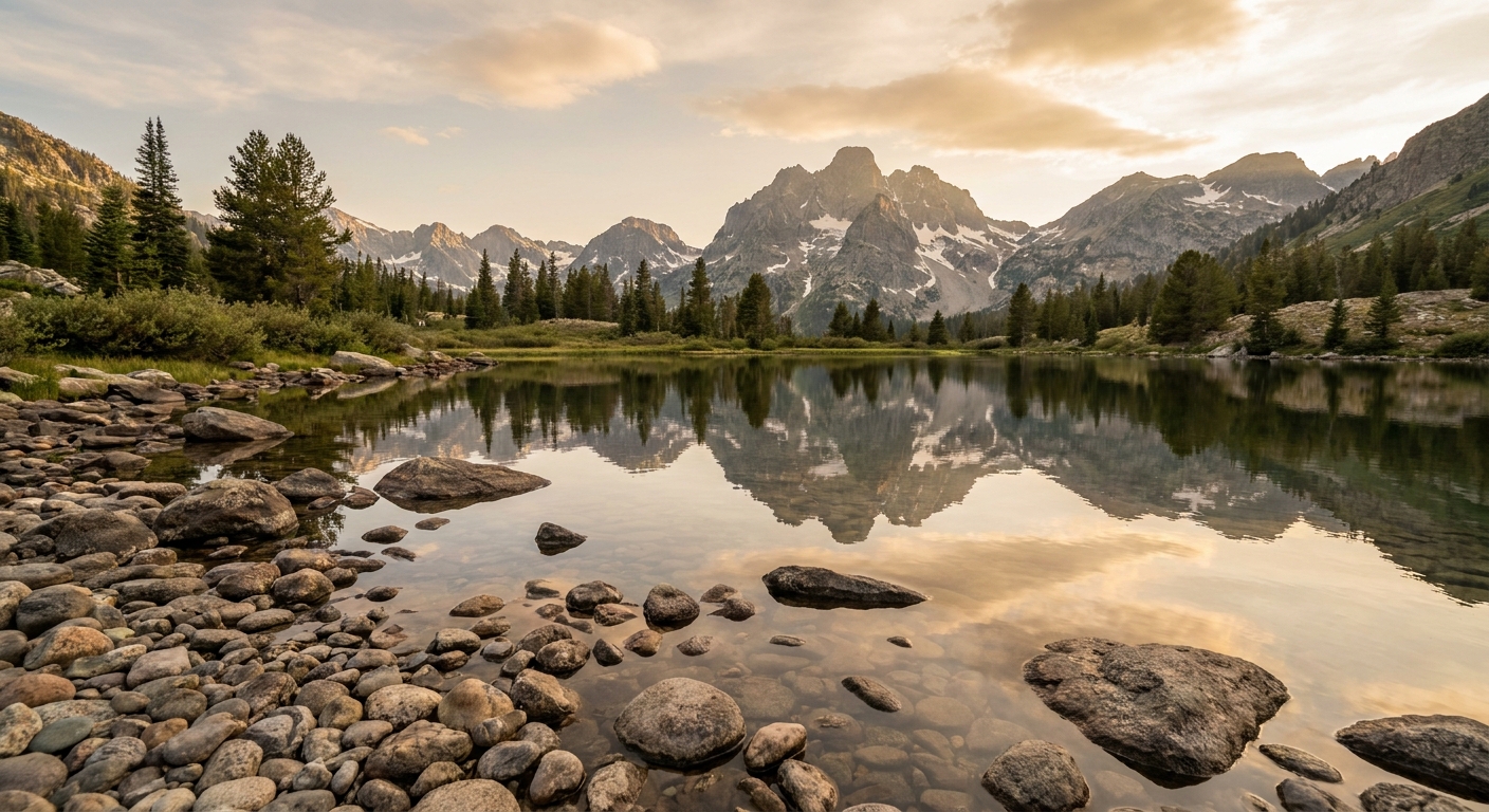 A calm Lake Solitude shoreline with smooth stones in the foreground and rugged Teton peaks reflected in the water under soft afternoon light, natural photo style