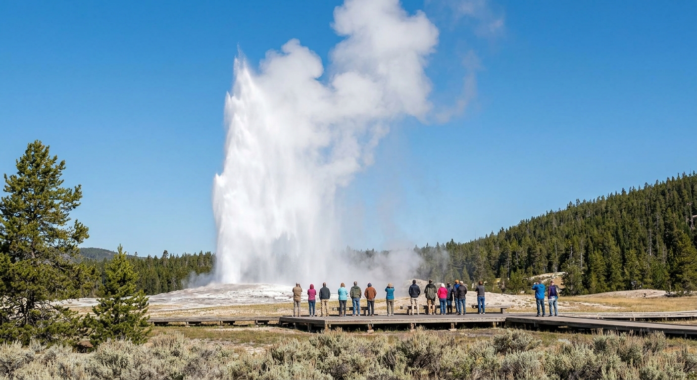 A real photograph of Old Faithful erupting in Yellowstone with a tall column of water and steam against a blue sky, visitors watching from a distance