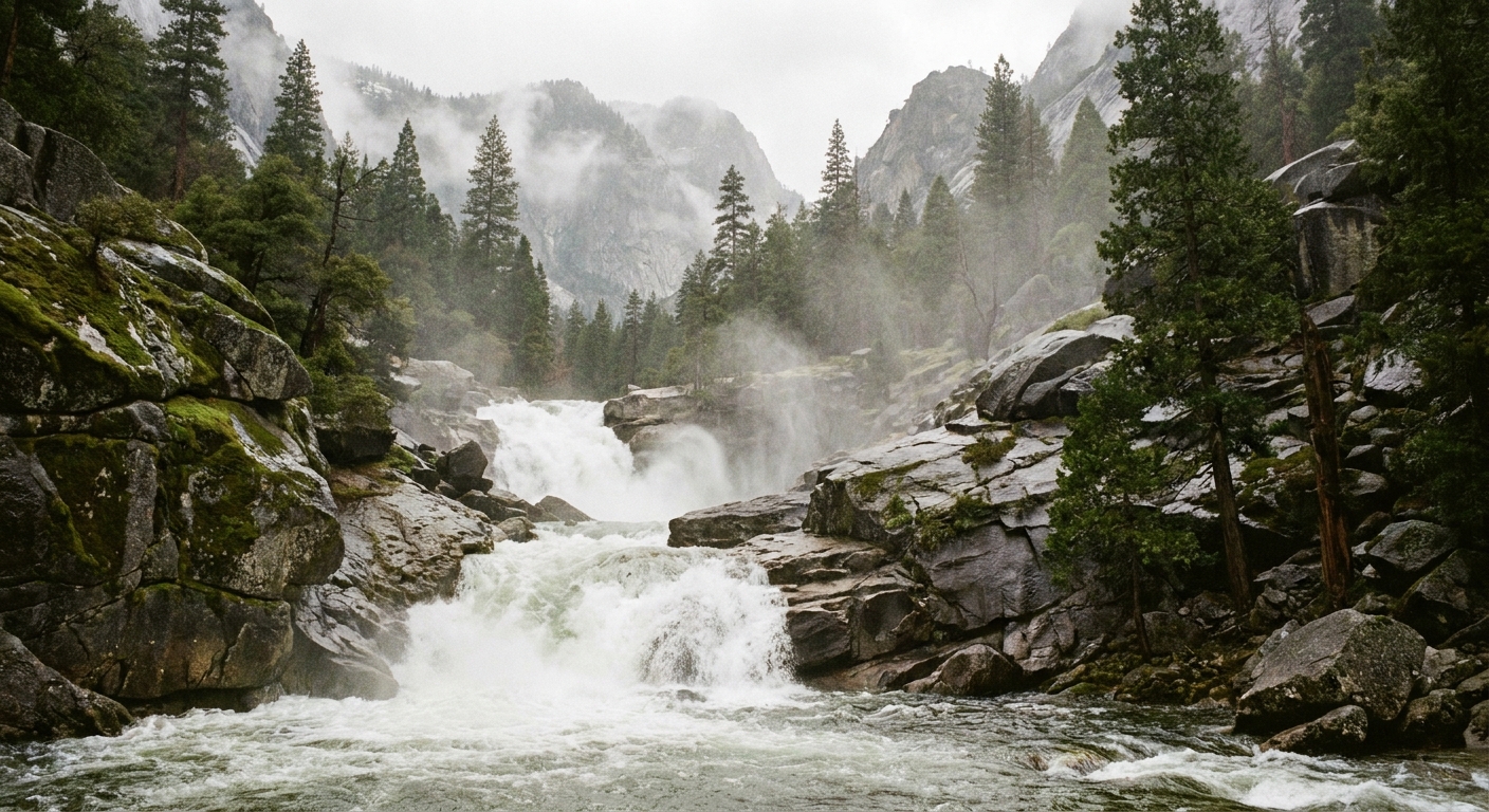Mist Falls in Kings Canyon National Park with whitewater cascading over granite ledges and mist rising above the river, realistic landscape photograph