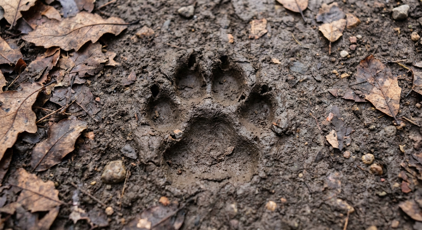 A close-up photo of a fresh mountain lion paw print pressed into a muddy hiking trail, with clear toe pads and no visible claw marks
