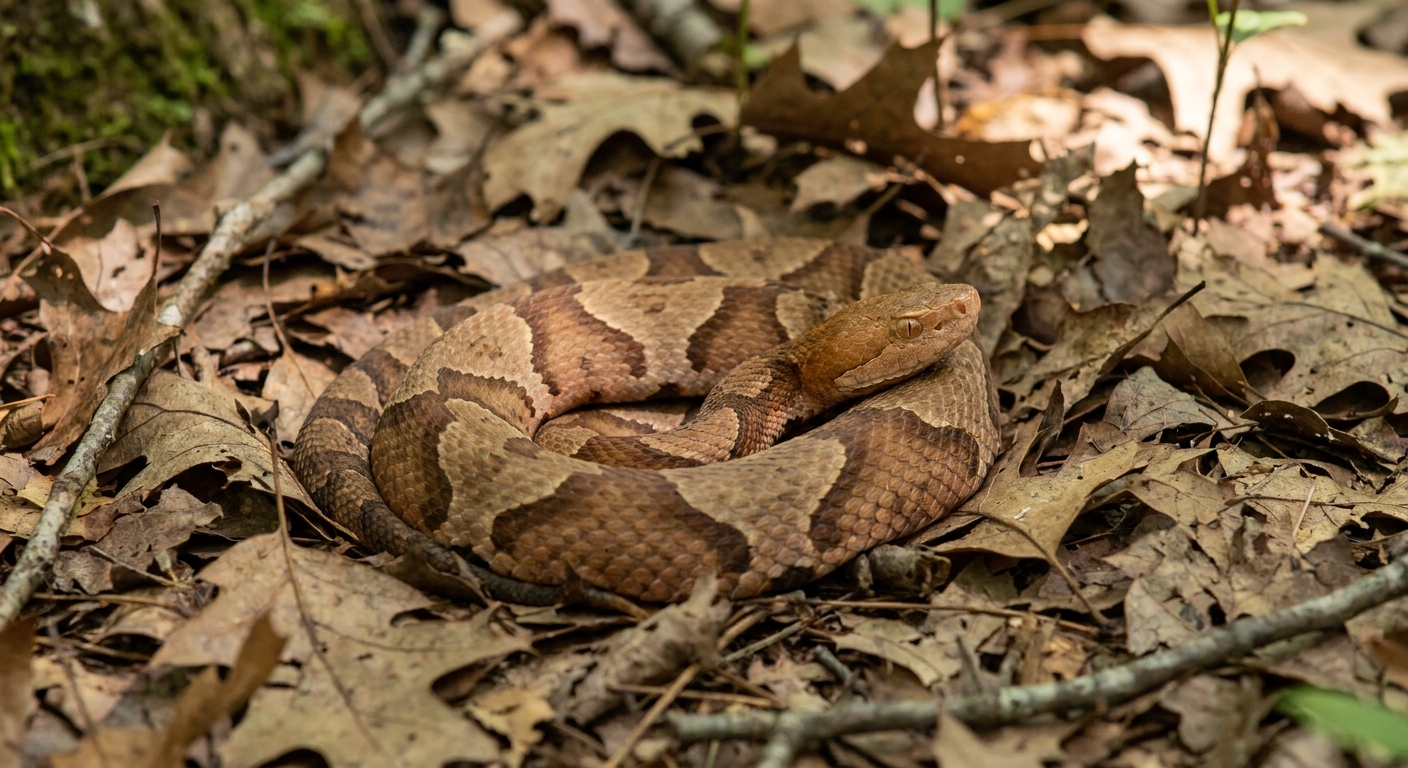 A copperhead snake coiled on brown leaf litter in a shady eastern forest, its coppery head and hourglass banding visible, real wildlife photo style