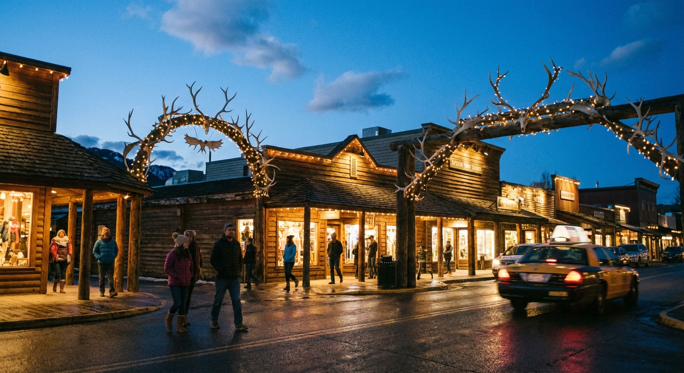 A real photograph of Jackson Town Square in the evening with people walking, warm lights from storefronts, and the elk antler arches visible