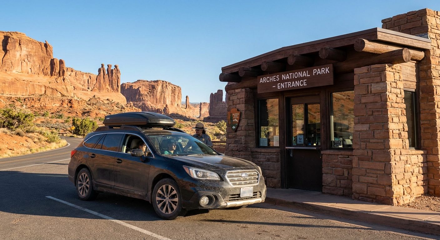 A car pulling up to the Arches National Park entrance station with red rock cliffs in the background, realistic travel photo