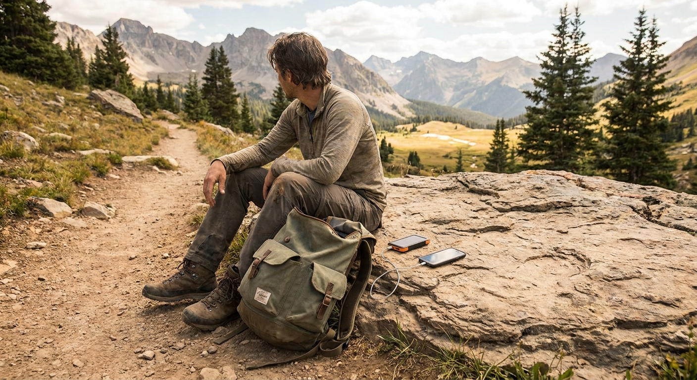 A hiker sitting on a flat rock beside a mountain trail charging a smartphone from a compact power bank, with a backpack open and alpine scenery in the background, realistic outdoor photography