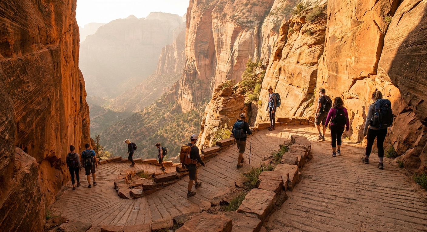 A real photograph of hikers ascending Walter's Wiggles switchbacks on the Angels Landing trail in Zion National Park, steep sandstone walls and morning light