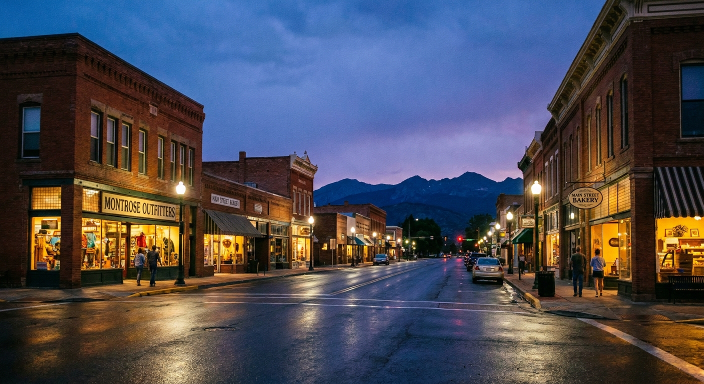 A real photograph of downtown Montrose, Colorado in the evening with storefronts lit up, a calm main street, and distant hints of the San Juan Mountains
