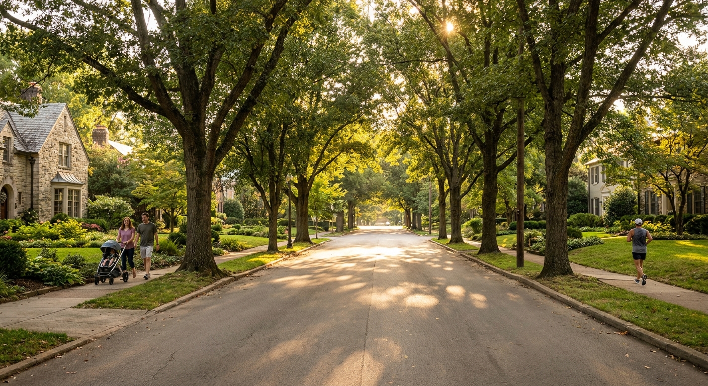 A quiet, tree-lined street in Nashville's Green Hills neighborhood with sunlight filtering through leaves and a few pedestrians on the sidewalk