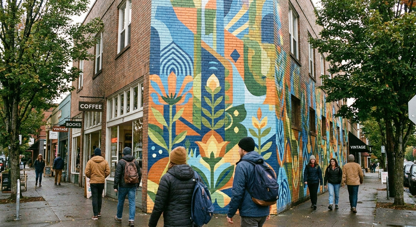 Colorful street mural in Portland's Alberta Arts District with pedestrians walking past small storefronts on a bright, cool day