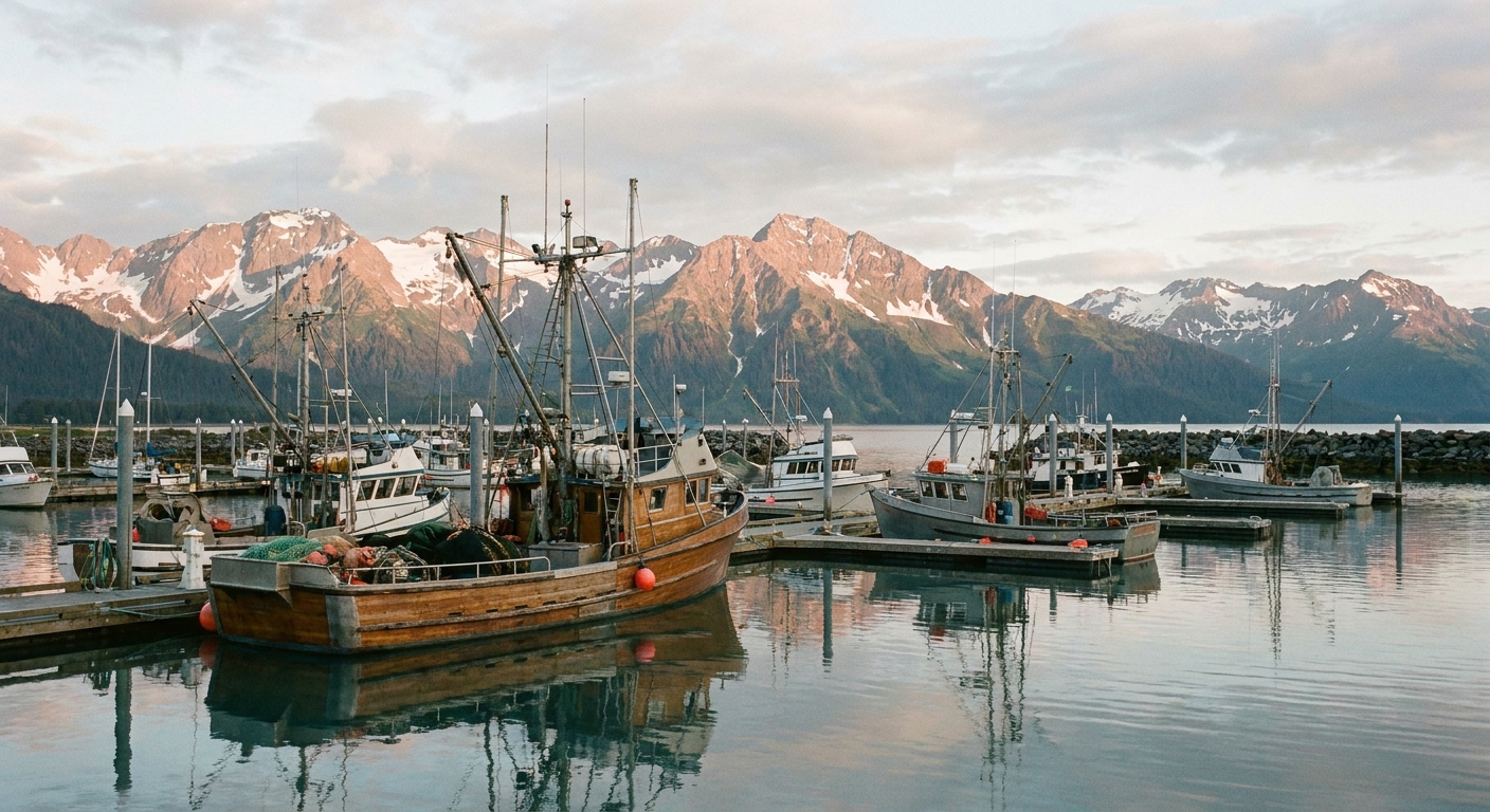 Fishing boats moored in the Seward small boat harbor during a calm summer evening with soft light on the surrounding mountains, real travel photograph