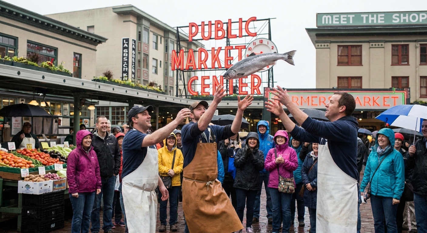 Fishmongers at Pike Place Market in Seattle mid-action during a fish toss with shoppers watching, lively street photography style