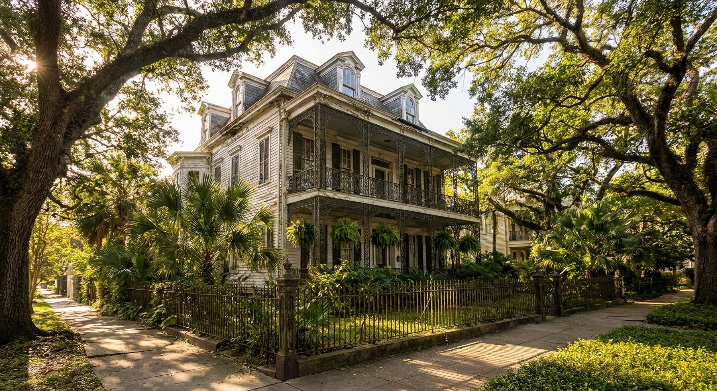A Victorian-style mansion in New Orleans' Garden District with an iron-lace porch, lush greenery, and morning sunlight filtering through oak trees, real travel photography style