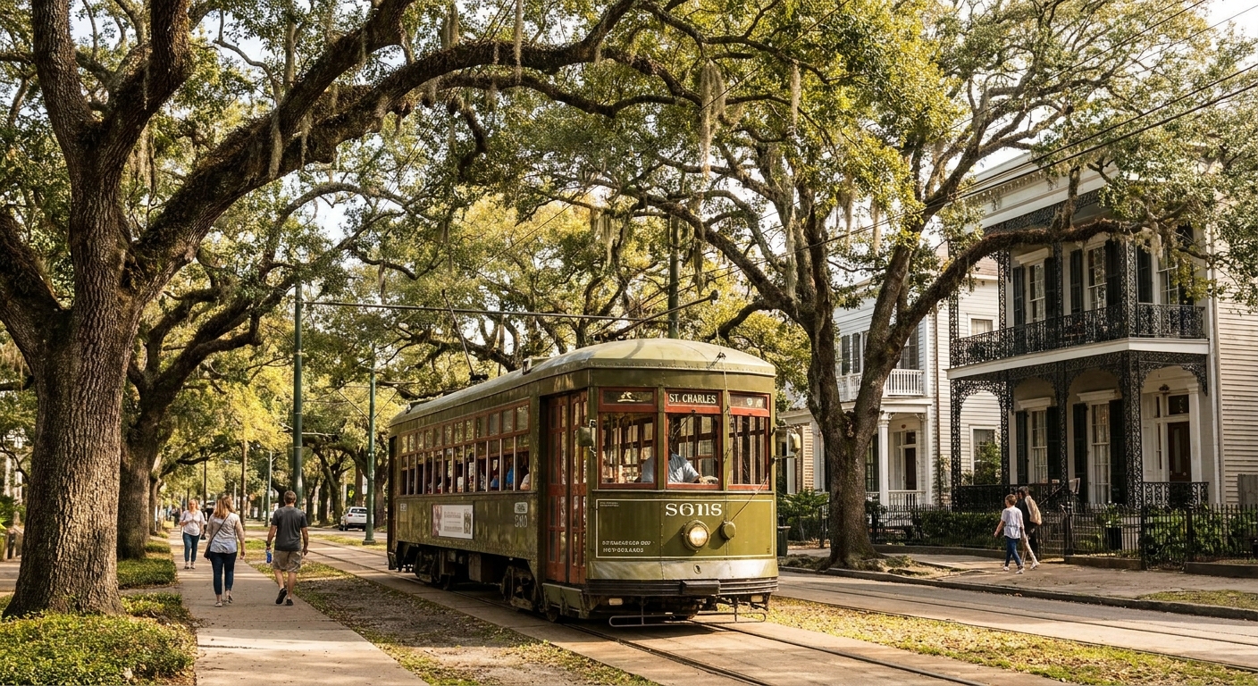 A green St. Charles streetcar rolling past large live oak trees and historic mansions in New Orleans on a bright afternoon, real travel photography style