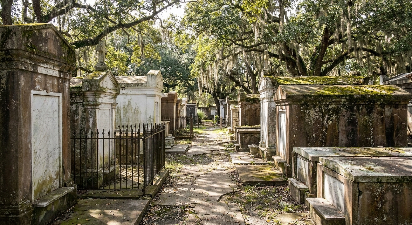 A quiet above-ground cemetery in New Orleans with weathered marble tombs and soft afternoon light, real travel photography style