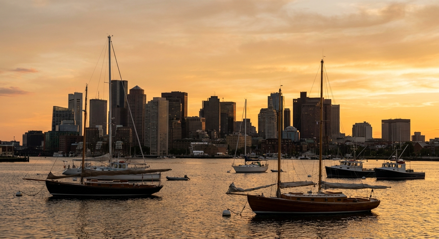 A real photograph of the Boston skyline viewed across the harbor at sunset with calm water and boats in the foreground