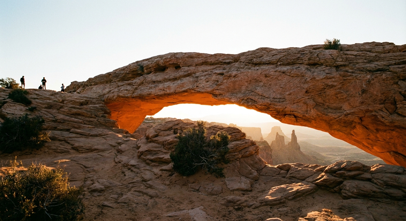 A real photograph of Mesa Arch in Canyonlands Island in the Sky with early morning light glowing under the arch and a canyon vista beyond