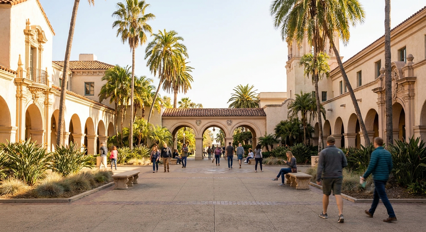 A real photograph of a sunlit courtyard in Balboa Park in San Diego, showing Spanish Colonial Revival buildings, arches, and palm trees